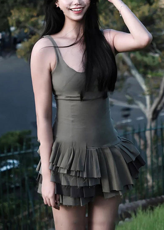 Robe d'été élégante en coton patchwork à volants vert armée à bretelles spaghetti - TrendAura