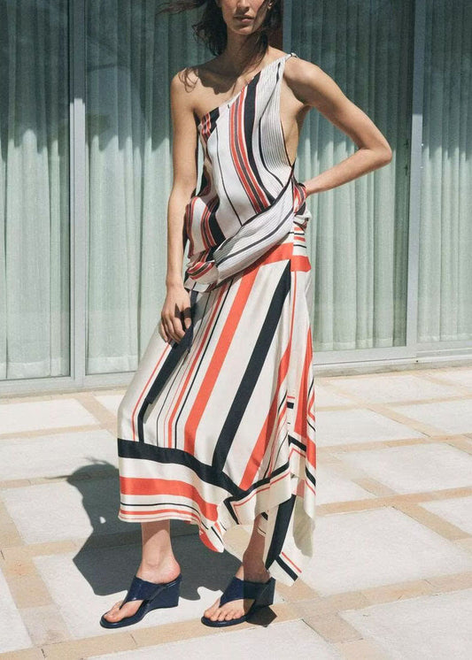 Ensemble deux pièces en soie rayée au design asymétrique élégant pour l'été - TrendAura
