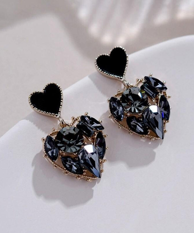 Boucles d'oreilles pendantes élégantes en alliage noir avec zircon Love - TrendAura