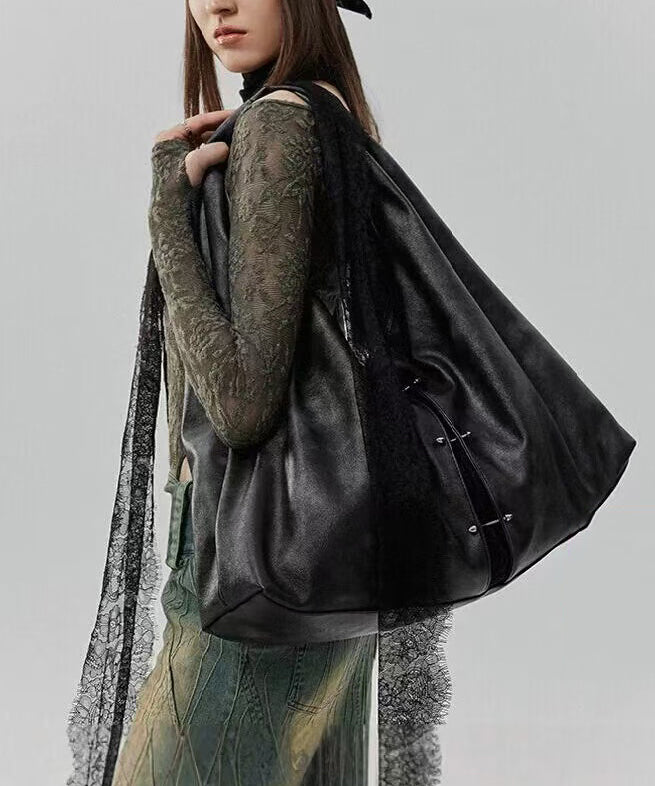 Sac à main élégant en similicuir noir avec dentelle et grande capacité - TrendAura