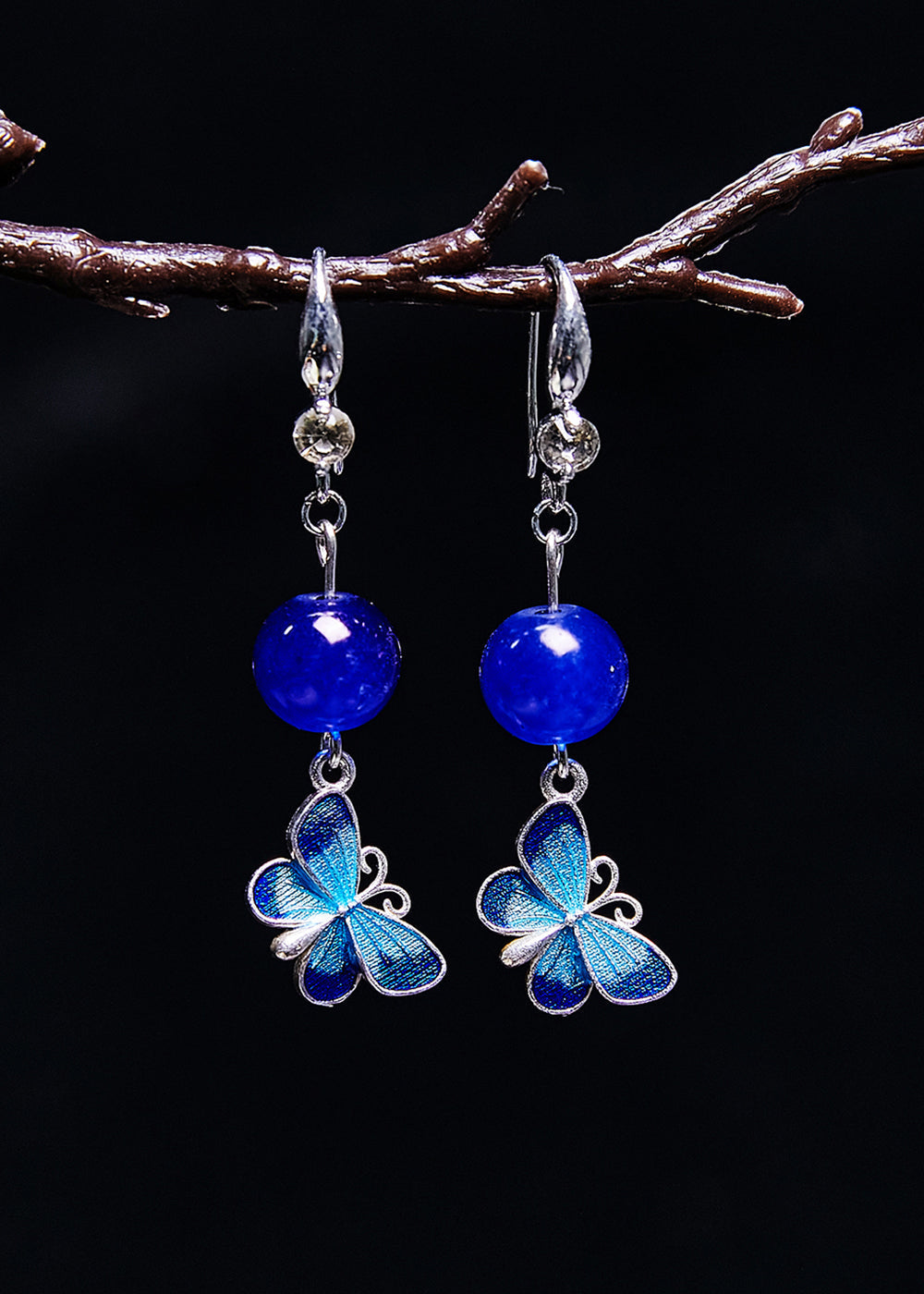 Boucles d'oreilles pendantes élégantes en pierre précieuse papillon bleu - TrendAura