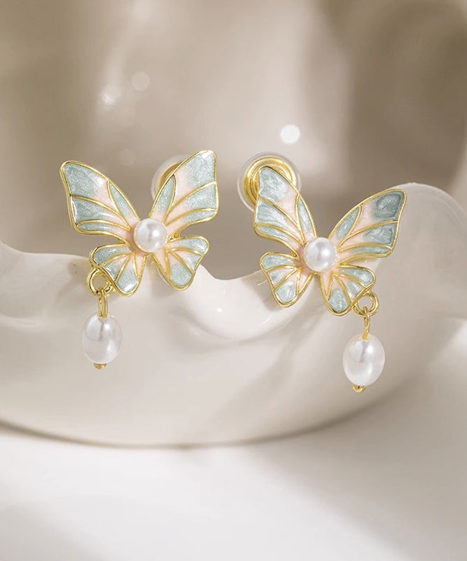 Boucles d'oreilles pendantes élégantes en cuivre bleu surdoré avec perles et pampilles en forme de papillon - TrendAura