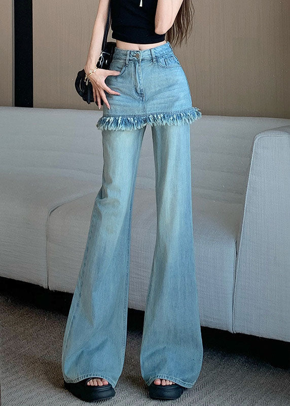 Pantalon évasé en denim deux pièces à pompons bleus élégants pour l'automne - TrendAura