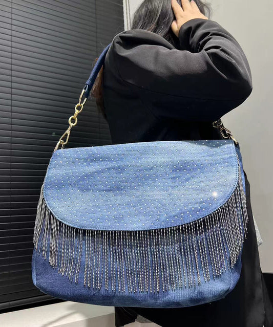 Sacs à bandoulière élégants en denim bleu avec pompons et zircons - TrendAura
