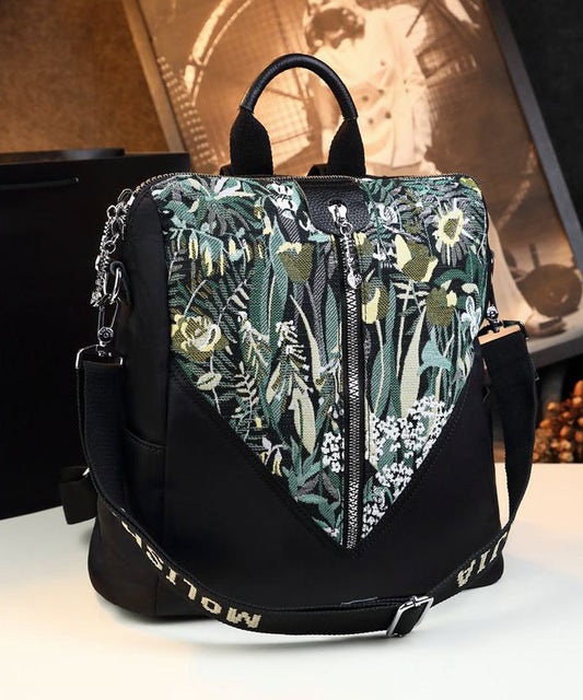 Sac à dos élégant en cuir de veau noir imprimé patchwork - TrendAura