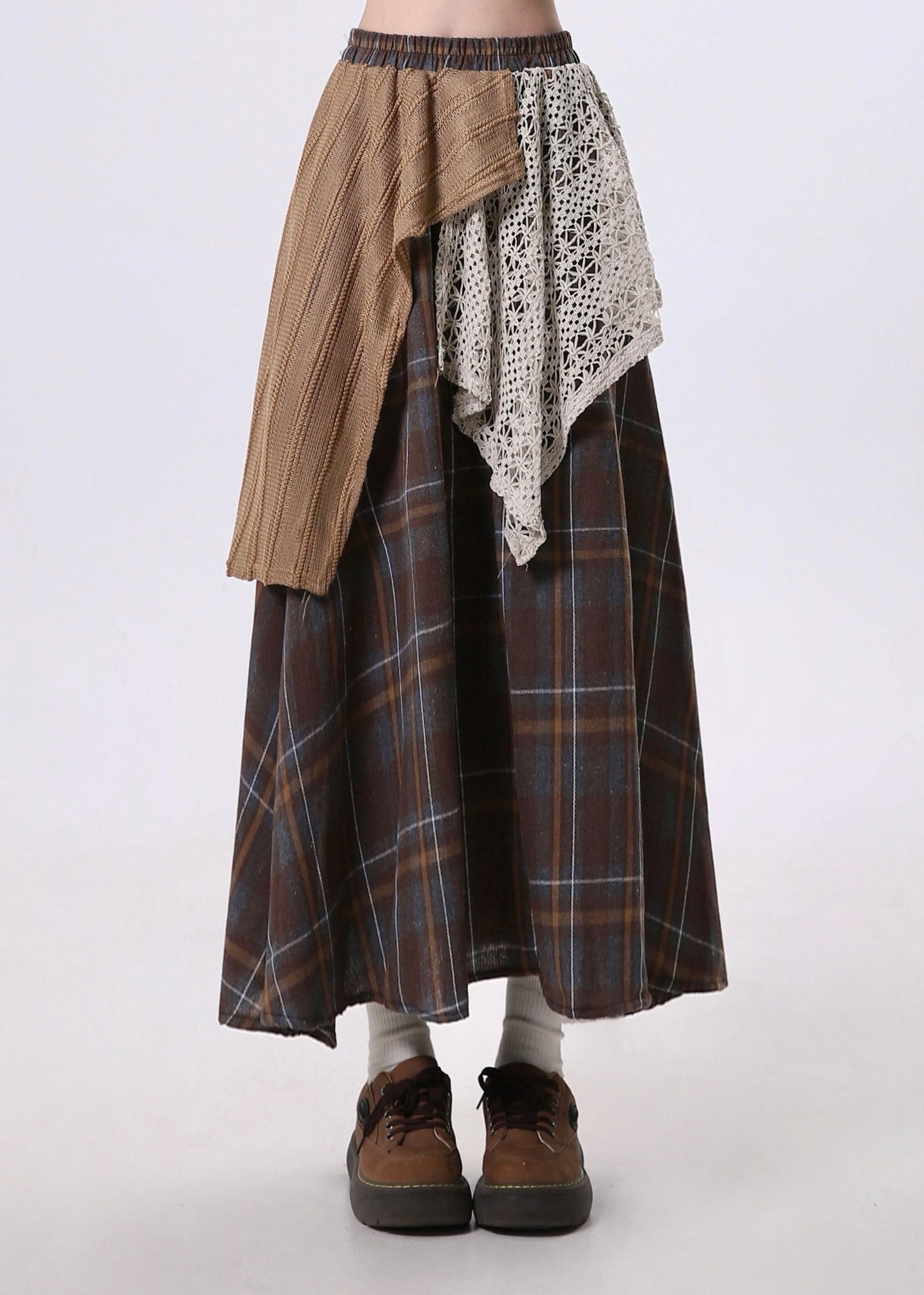 Jupe patchwork asymétrique marron élégante en coton pour le printemps - TrendAura