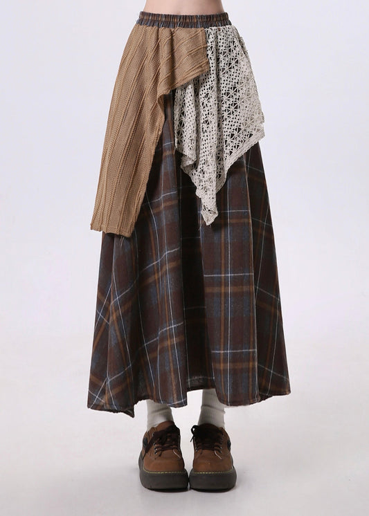 Jupe patchwork asymétrique marron élégante en coton pour le printemps - TrendAura