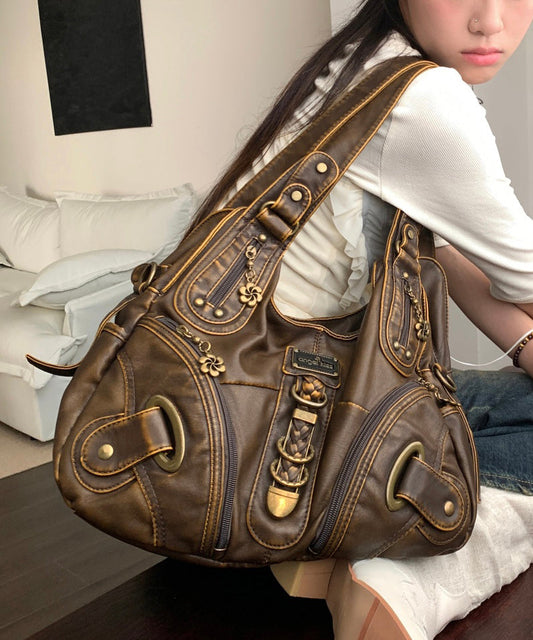 Sac à main élégant en similicuir marron avec fermeture éclair et grande capacité - TrendAura