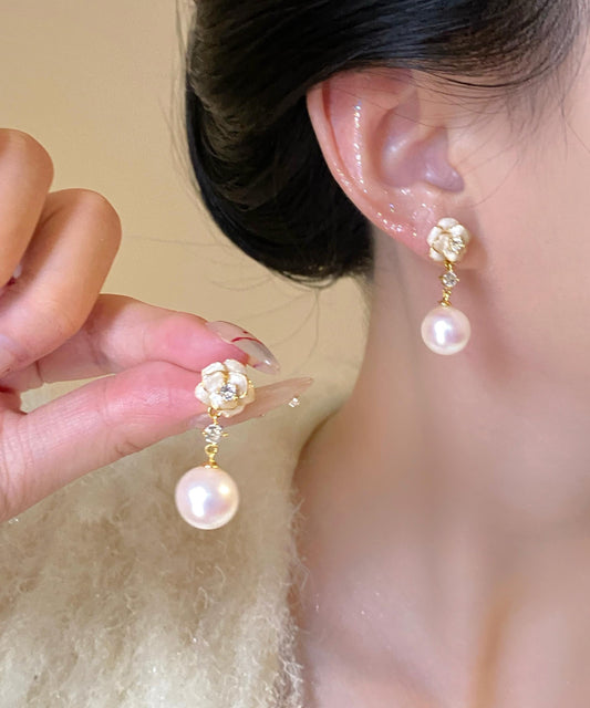 Boucles d'oreilles pendantes élégantes en cuivre surdoré avec perles de zircon et fleurs - TrendAura