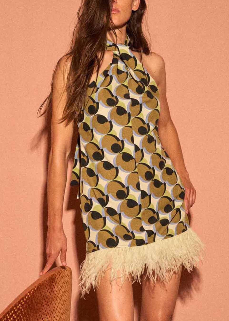 Robe mi-longue en coton à imprimé géométrique et pompons, élégante et patchwork, sans manches - TrendAura