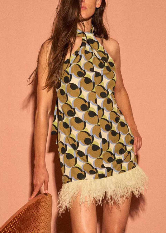 Robe mi-longue en coton à imprimé géométrique et pompons, élégante et patchwork, sans manches - TrendAura