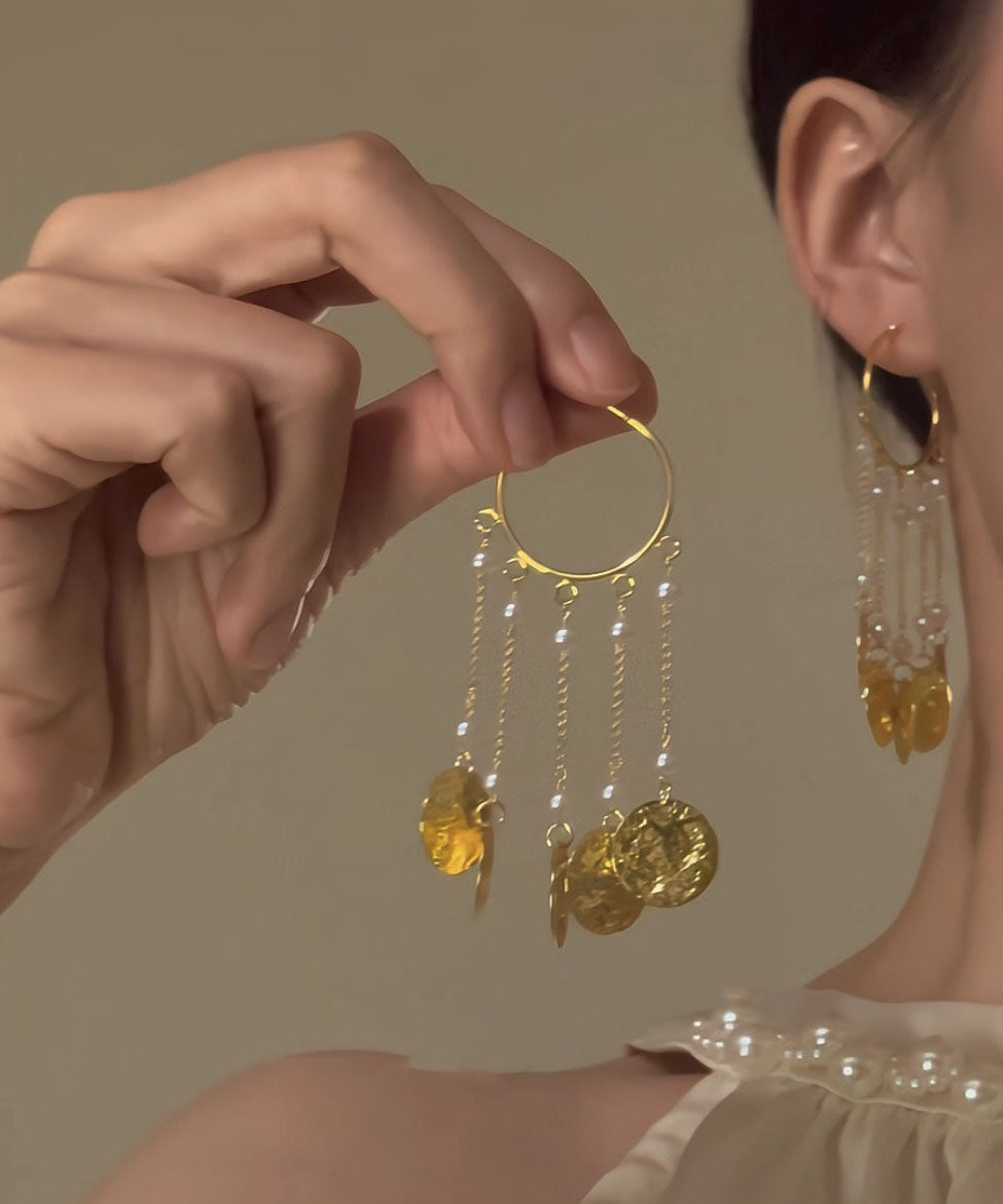 Boucles d'oreilles créoles élégantes en alliage de cuivre doré avec pampilles et perles - TrendAura