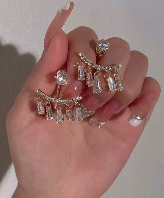 Boucles d'oreilles pendantes élégantes en alliage d'or, d'argent sterling et de zircon, avec pompon arqué. - TrendAura