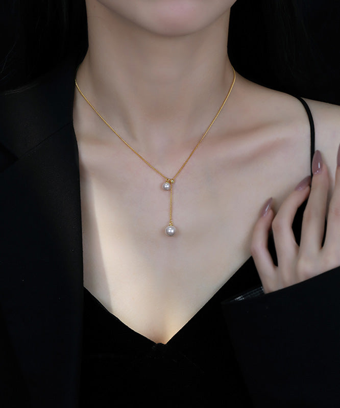 Collier élégant avec pendentif rétractable en argent sterling et perles dorées - TrendAura