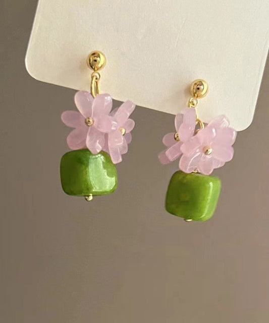 Boucles d'oreilles pendantes élégantes en alliage de résine verte à motif floral - TrendAura