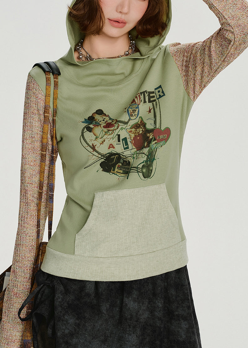 Sweat-shirt à capuche vert élégant en coton patchwork, idéal pour le printemps - TrendAura