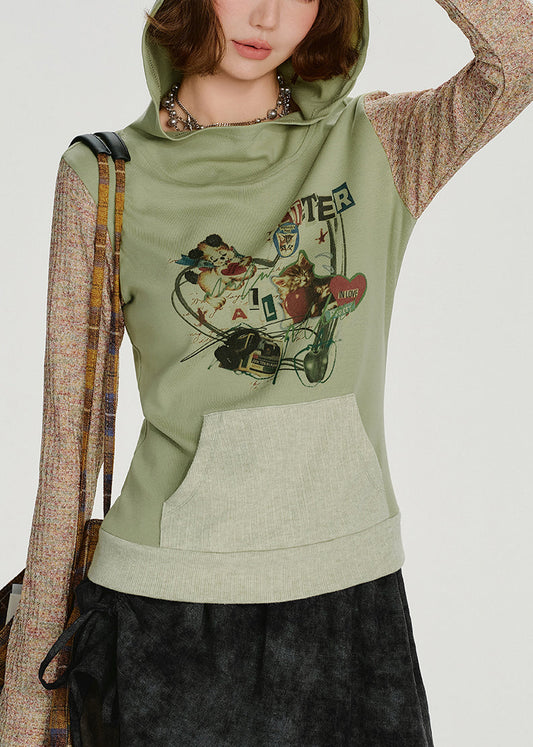 Sweat-shirt à capuche vert élégant en coton patchwork, idéal pour le printemps - TrendAura