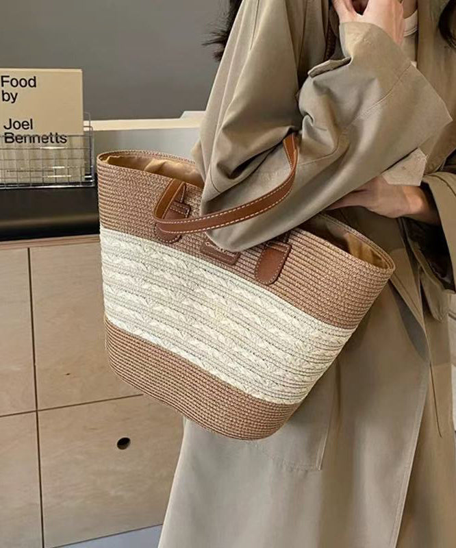 Sac à bandoulière élégant en paille tissée durable de grande capacité, kaki - TrendAura