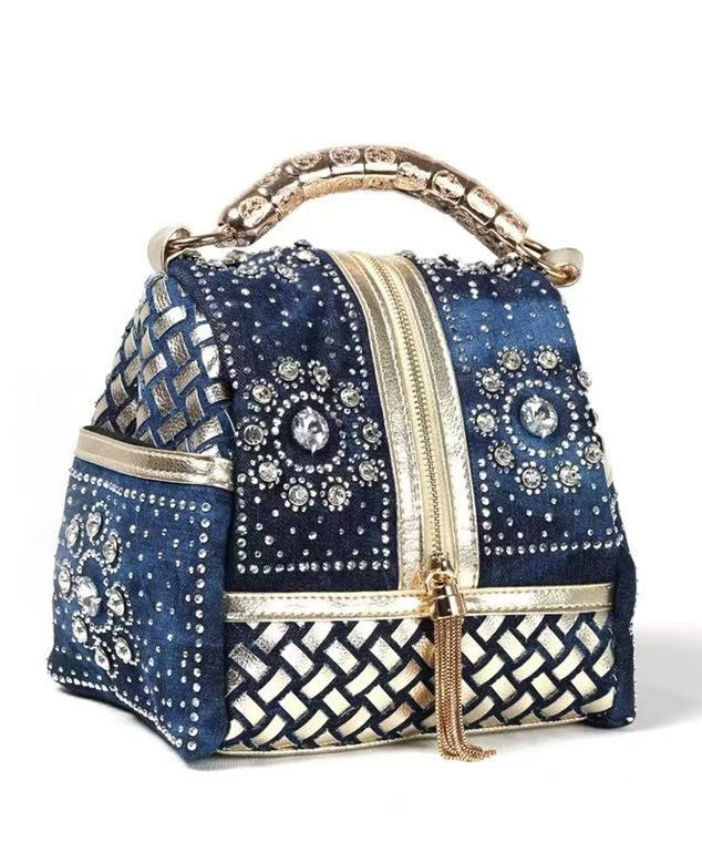 Sac fourre-tout élégant en denim bleu marine avec strass, grande capacité - TrendAura
