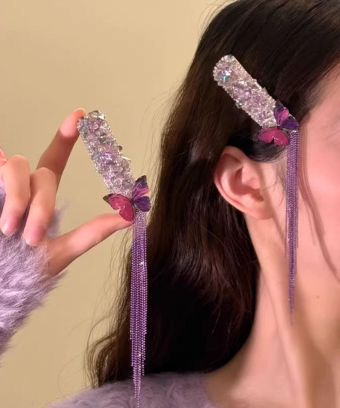 Épingle à cheveux élégante en alliage violet et zircon, ornée d'un papillon et d'un pompon. - TrendAura