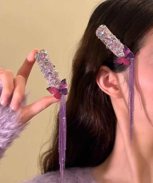 Épingle à cheveux élégante en alliage violet et zircon, ornée d'un papillon et d'un pompon. - TrendAura