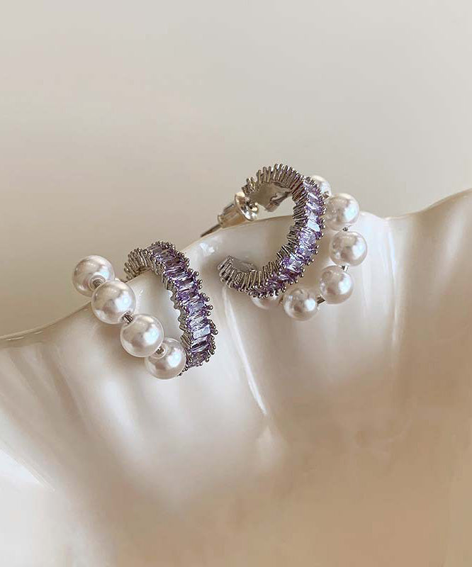 Boucles d'oreilles créoles élégantes en cuivre violet avec perles de zircon surdorées - TrendAura