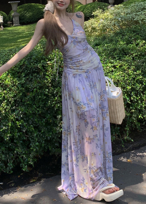 Robe longue élégante en tulle à lacets et imprimé violet sans manches - TrendAura