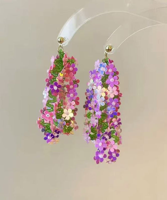 Boucles d'oreilles pendantes élégantes en acrylique arc-en-ciel à paillettes florales et pampilles - TrendAura