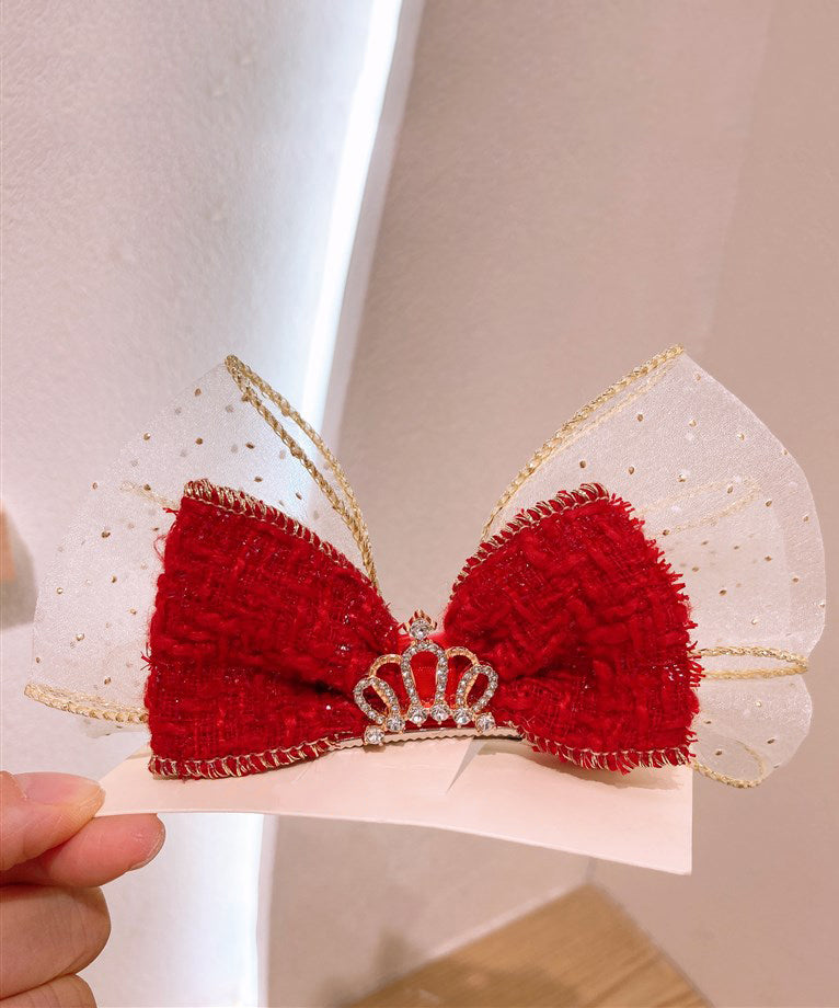 Élégante épingle à cheveux pour enfants en alliage rouge avec nœud en tulle et zircon - TrendAura