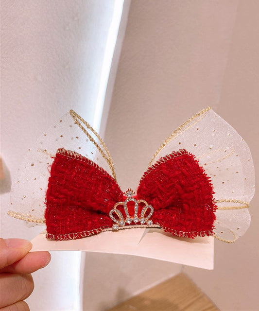 Élégante épingle à cheveux pour enfants en alliage rouge avec nœud en tulle et zircon - TrendAura