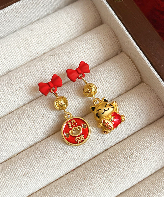 Boucles d'oreilles pendantes élégantes en alliage de cuivre rouge avec nœud en émail et chat porte-bonheur - TrendAura
