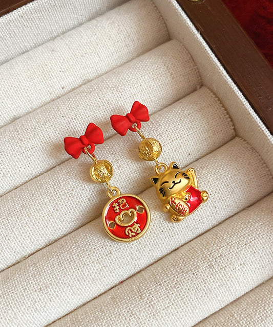 Boucles d'oreilles pendantes élégantes en alliage de cuivre rouge avec nœud en émail et chat porte-bonheur - TrendAura