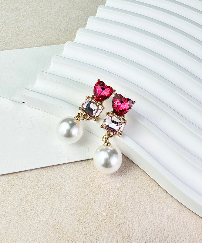 Boucles d'oreilles pendantes élégantes en argent sterling rouge avec perles de cristal et zircon - TrendAura