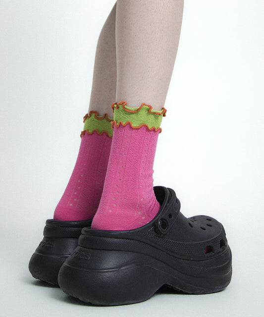 Chaussettes mi-mollet élégantes en coton ajouré à volants et patchwork - TrendAura