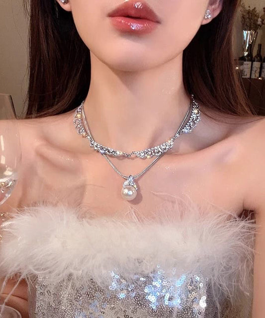 Collier élégant avec pendentif en argent sterling et zircon double couche de perles - TrendAura