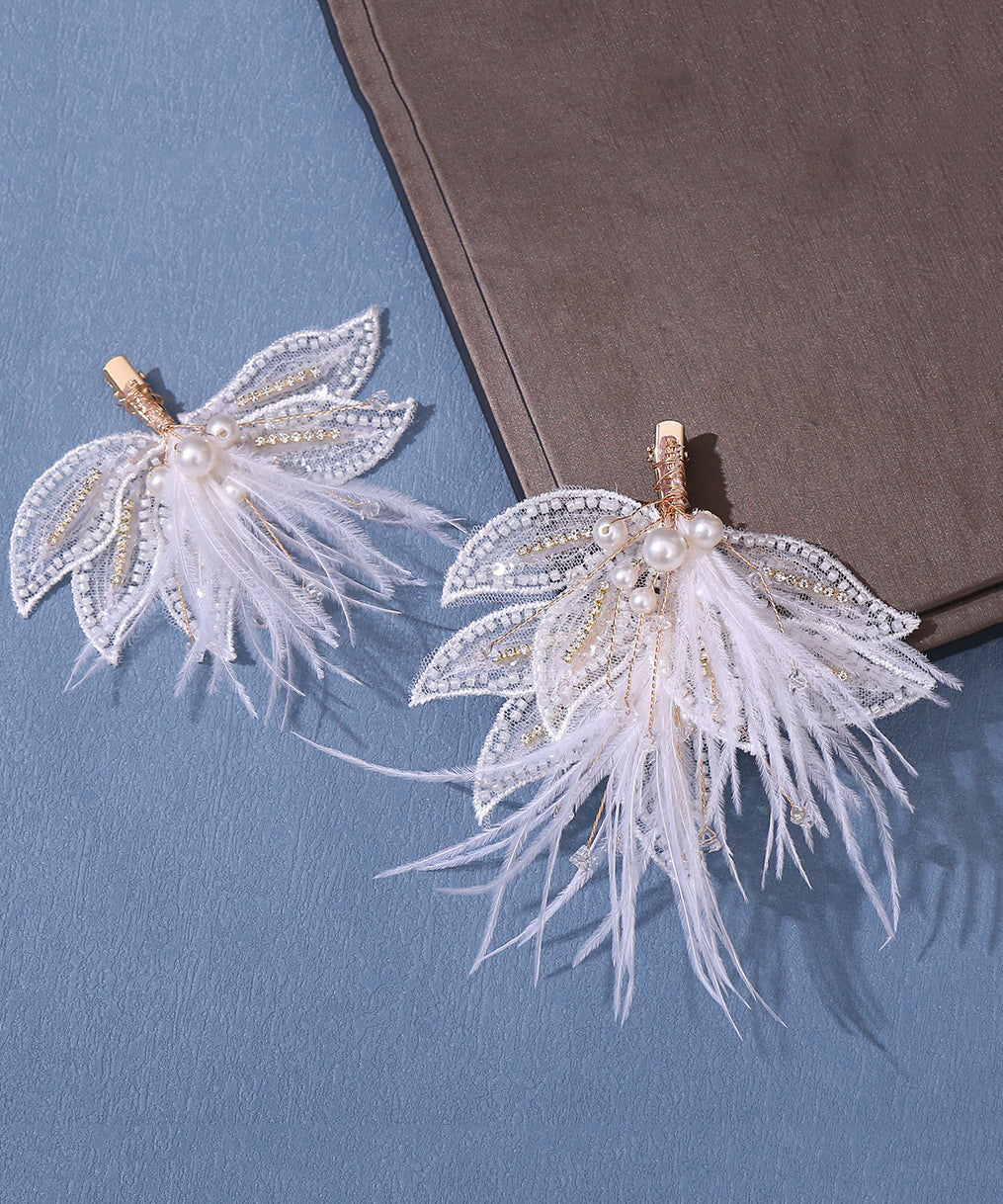 Ensemble élégant de deux épingles à cheveux pour filles, en tulle, avec plumes et perles blanches surdorées - TrendAura