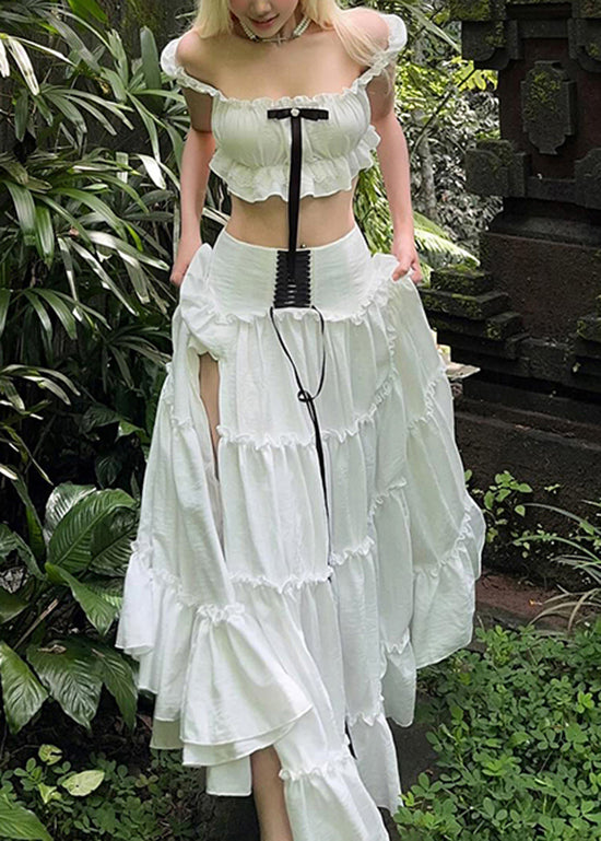 Ensemble deux pièces élégant en coton patchwork à volants blancs pour l'été - TrendAura