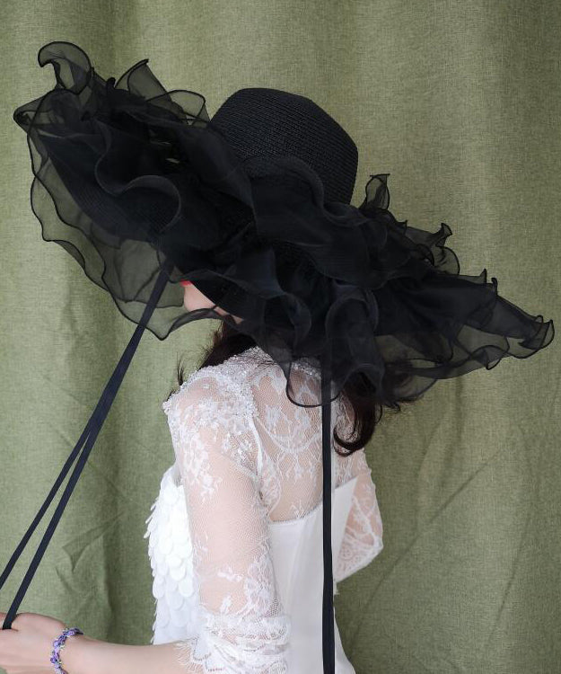 Chapeau d'été en paille tressée à larges bords noirs et volants en organza - TrendAura