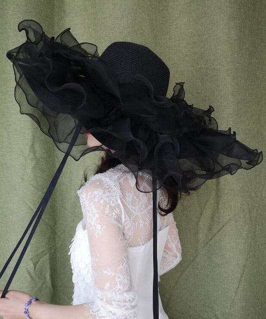 Chapeau d'été en paille tressée à larges bords noirs et volants en organza - TrendAura
