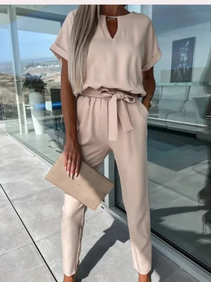 Women's Jumpsuit - Lightweight Viscose - V-neck & Short Sleeves - Elastic Waist - Casual Look