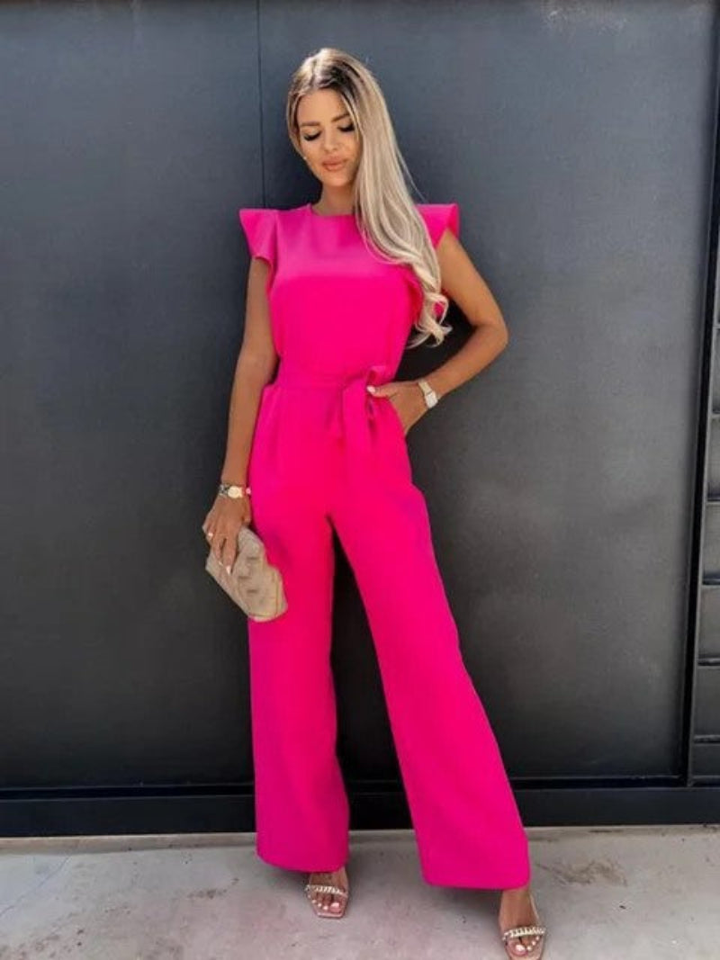 Women's Jumpsuit - Lightweight Viscose - V-neck & Short Sleeves - Elastic Waist - Casual Look