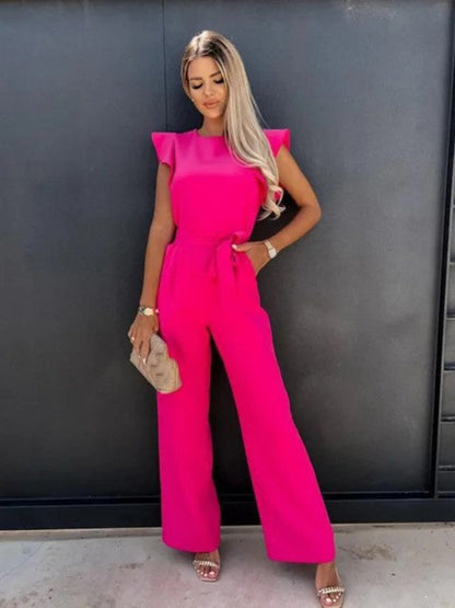 Women's Jumpsuit - Lightweight Viscose - V-neck & Short Sleeves - Elastic Waist - Casual Look