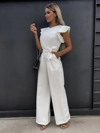 Women's Jumpsuit - Lightweight Viscose - V-neck & Short Sleeves - Elastic Waist - Casual Look