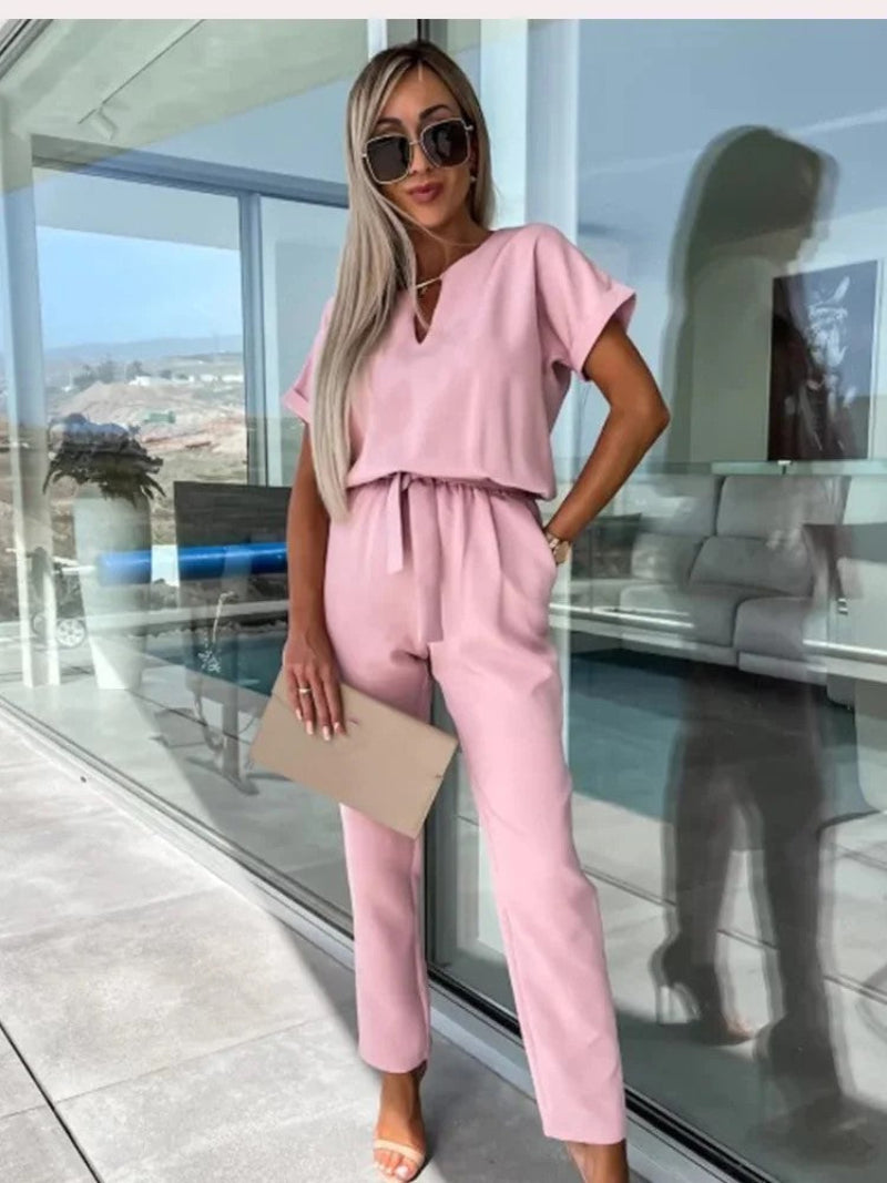 Women's Jumpsuit - Lightweight Viscose - V-neck & Short Sleeves - Elastic Waist - Casual Look