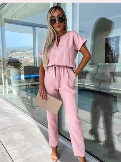 Women's Jumpsuit - Lightweight Viscose - V-neck & Short Sleeves - Elastic Waist - Casual Look