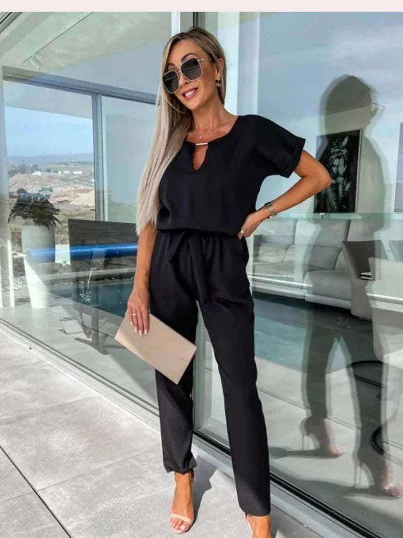 Women's Jumpsuit - Lightweight Viscose - V-neck & Short Sleeves - Elastic Waist - Casual Look