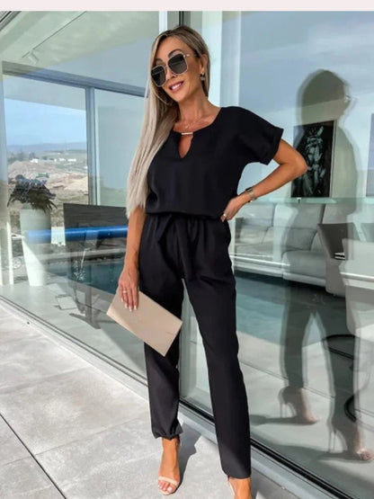 Women's Jumpsuit - Lightweight Viscose - V-neck & Short Sleeves - Elastic Waist - Casual Look