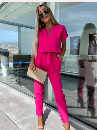 Women's Jumpsuit - Lightweight Viscose - V-neck & Short Sleeves - Elastic Waist - Casual Look