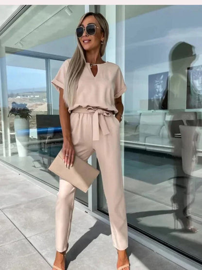 Women's Jumpsuit - Lightweight Viscose - V-neck & Short Sleeves - Elastic Waist - Casual Look