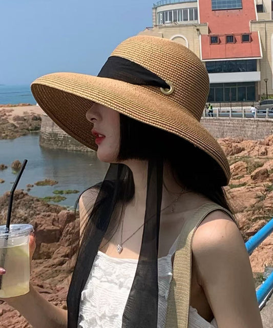 Chapeau de soleil d'été polyvalent en paille tissée kaki de style français - TrendAura